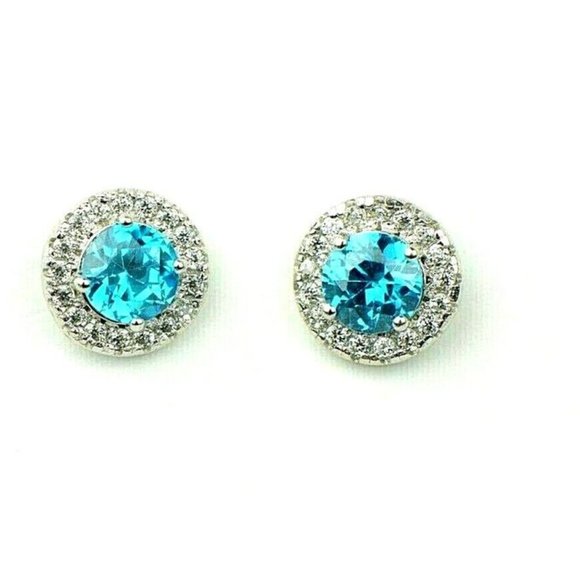 Solid 14k White Gold Round Halo Stud Push Back Earrings With Sparkling Stones - Picture 10 of 10